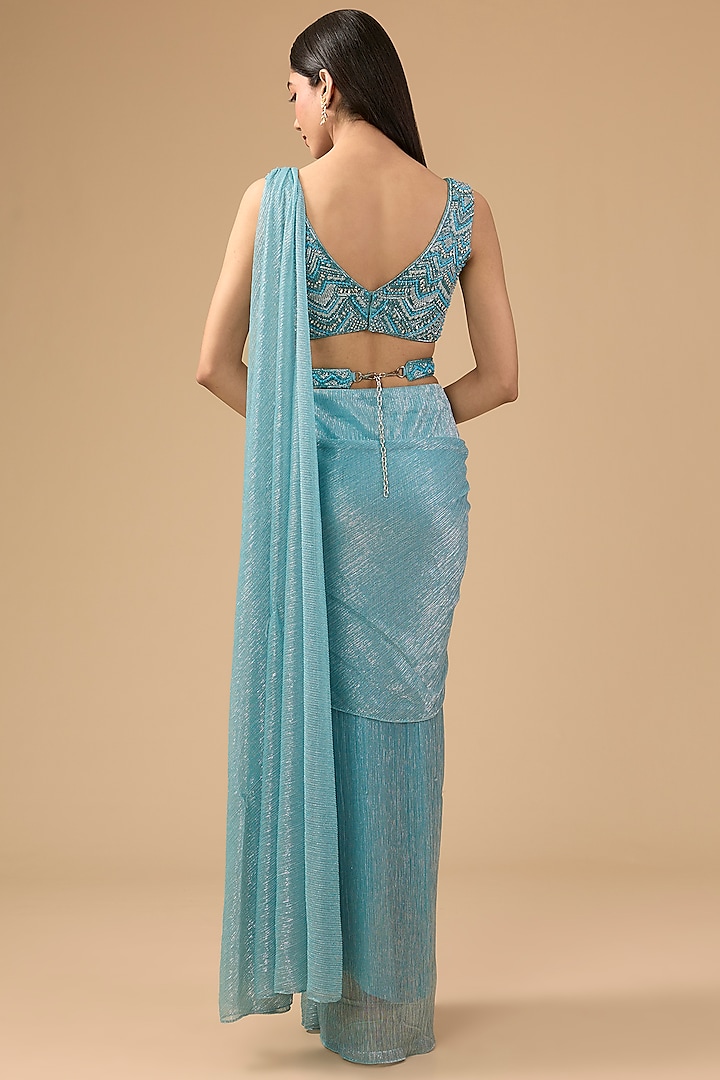 Sky Blue Shimmer Tulle & Net Hand Embroidered Concept Drape Wedding Saree Set by Mansi Malhotra at Pernia's Pop Up Shop