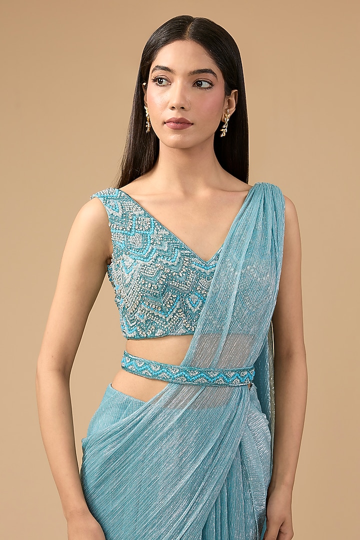 Sky Blue Shimmer Tulle & Net Hand Embroidered Concept Drape Wedding Saree Set by Mansi Malhotra at Pernia's Pop Up Shop