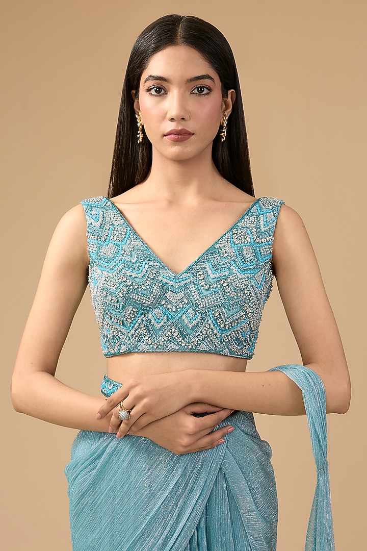 Sky Blue Shimmer Tulle & Net Hand Embroidered Concept Drape Wedding Saree Set by Mansi Malhotra at Pernia's Pop Up Shop