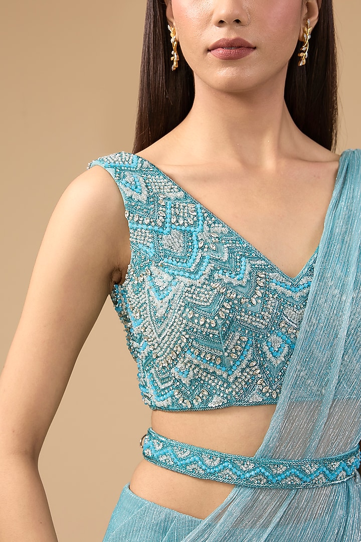 Sky Blue Shimmer Tulle & Net Hand Embroidered Concept Drape Wedding Saree Set by Mansi Malhotra at Pernia's Pop Up Shop