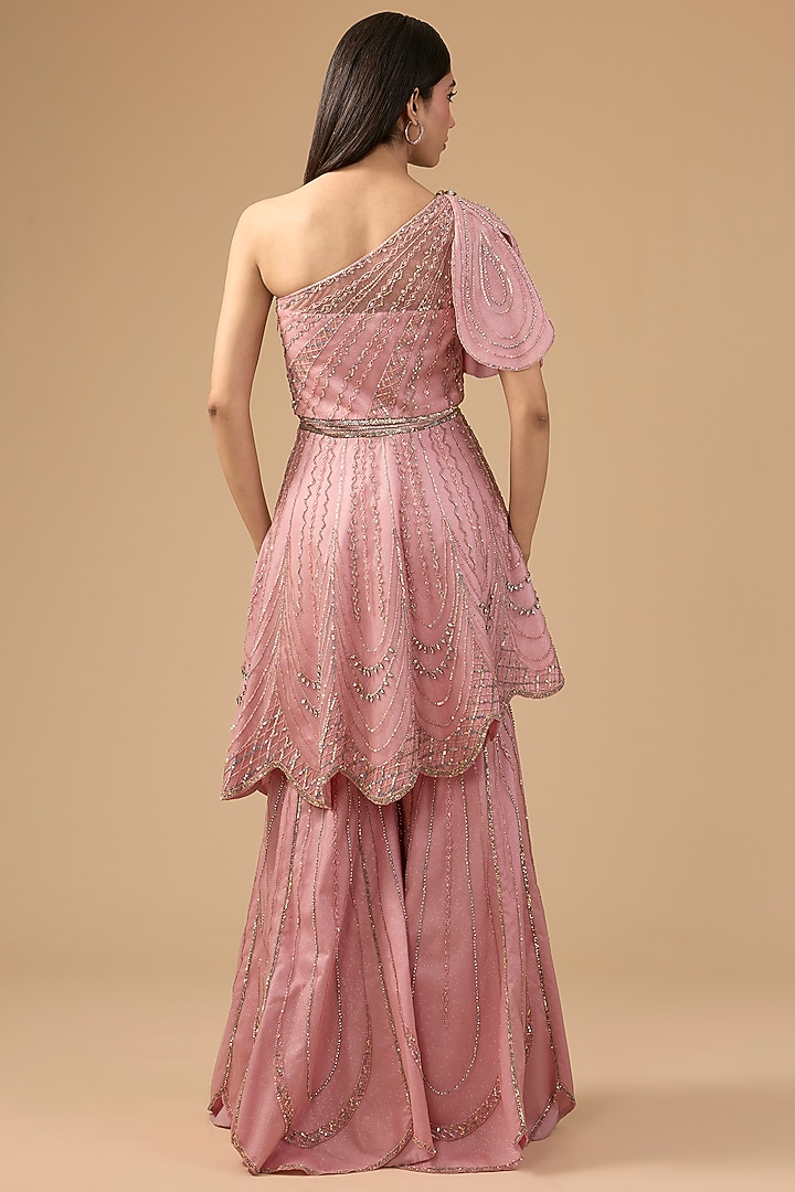 Pink Net Sequins Hand Embroidered Bridal Sharara Set by Mansi Malhotra at Pernia's Pop Up Shop