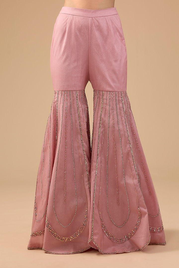 Pink Net Sequins Hand Embroidered Bridal Sharara Set by Mansi Malhotra at Pernia's Pop Up Shop
