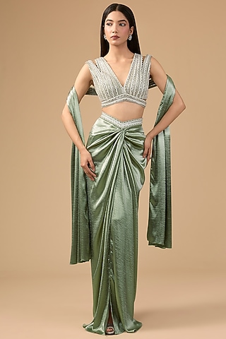 Sage Green Lido Satin & Net Sequins Hand Embroidered Draped Skirt Set by Mansi Malhotra