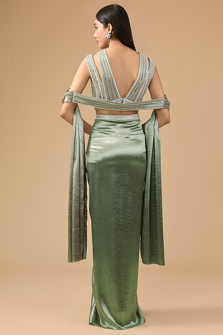 Sage Green Lido Satin & Net Sequins Hand Embroidered Draped Skirt Set by Mansi Malhotra at Pernia's Pop Up Shop
