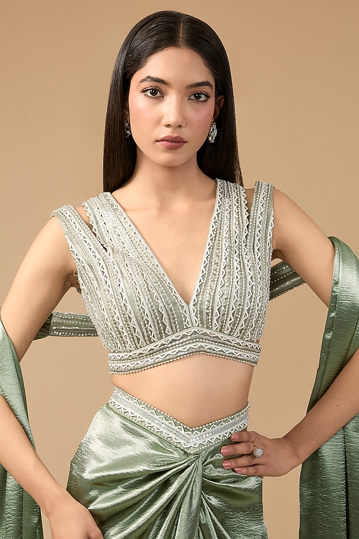 Sage Green Lido Satin & Net Sequins Hand Embroidered Draped Skirt Set by Mansi Malhotra at Pernia's Pop Up Shop