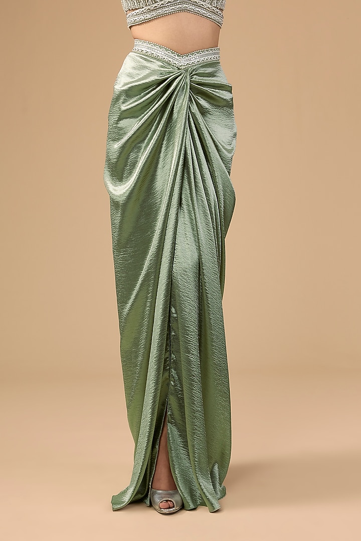 Sage Green Lido Satin & Net Sequins Hand Embroidered Draped Skirt Set by Mansi Malhotra at Pernia's Pop Up Shop