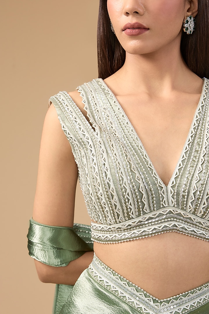 Sage Green Lido Satin & Net Sequins Hand Embroidered Draped Skirt Set by Mansi Malhotra at Pernia's Pop Up Shop