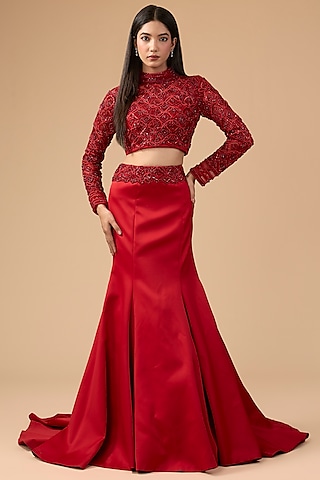Red Duchess Satin & Tulle Trumpet Draped Skirt Set by Mansi Malhotra