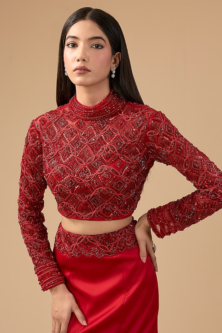 Red Duchess Satin & Tulle Trumpet Draped Skirt Set by Mansi Malhotra at Pernia's Pop Up Shop