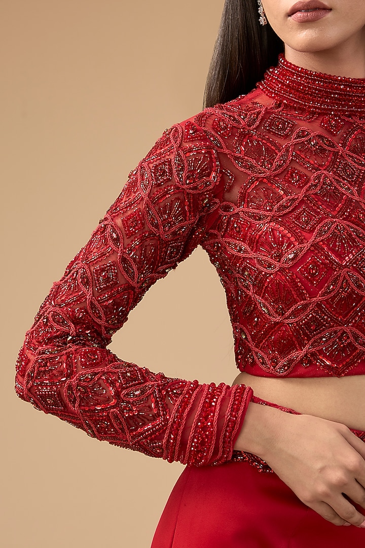 Red Duchess Satin & Tulle Trumpet Draped Skirt Set by Mansi Malhotra at Pernia's Pop Up Shop