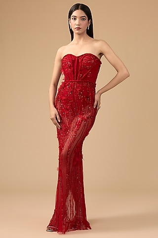 Red Net & Organza Hand Embroidered Off-Shoulder Gown by Mansi Malhotra