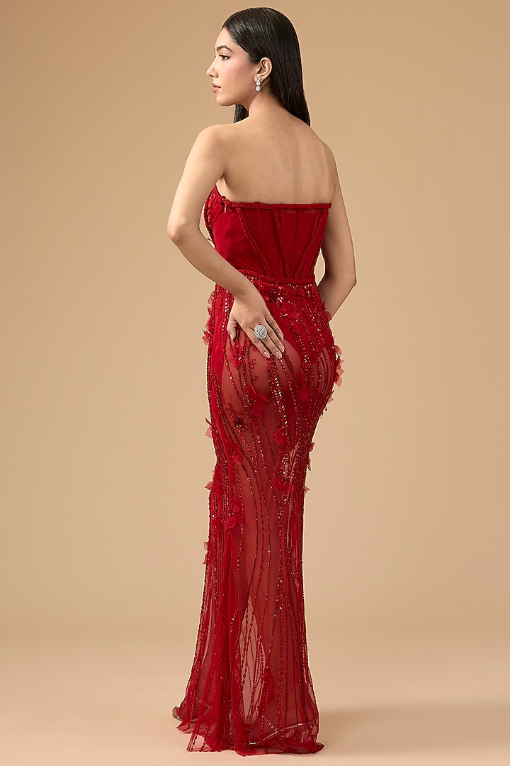 Red Net & Organza Hand Embroidered Off-Shoulder Wedding Gown by Mansi Malhotra at Pernia's Pop Up Shop