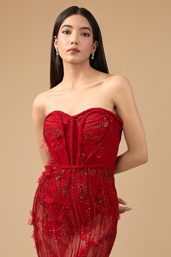 Red Net & Organza Hand Embroidered Off-Shoulder Wedding Gown by Mansi Malhotra at Pernia's Pop Up Shop
