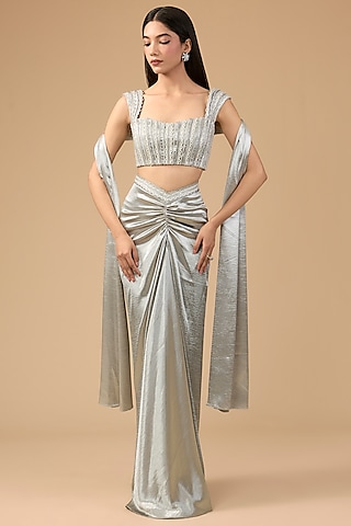 Lacquer Silver Lido Satin & Net Sequins Hand Embroidered Draped Skirt Set by Mansi Malhotra