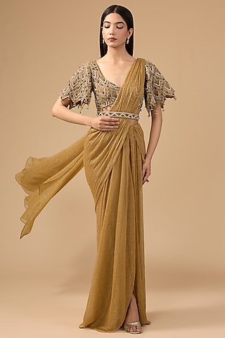 Amber Gold Shimmer Tulle & Net Hand Embroidered Drape Saree Set by Mansi Malhotra