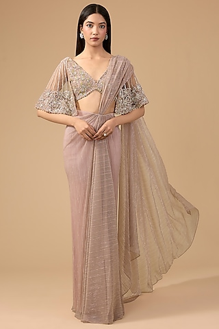 Nude Pink Shimmer Tulle & Net Hand Embroidered Drape Saree Set by Mansi Malhotra