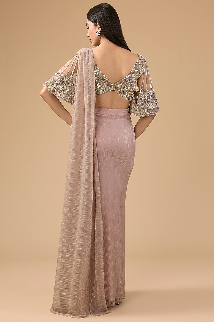 Nude Pink Shimmer Tulle & Net Hand Embroidered Drape Reception Saree Set by Mansi Malhotra at Pernia's Pop Up Shop