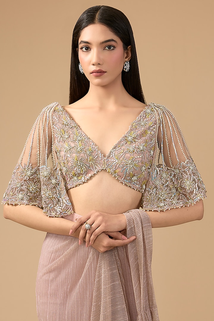 Nude Pink Shimmer Tulle & Net Hand Embroidered Drape Reception Saree Set by Mansi Malhotra at Pernia's Pop Up Shop