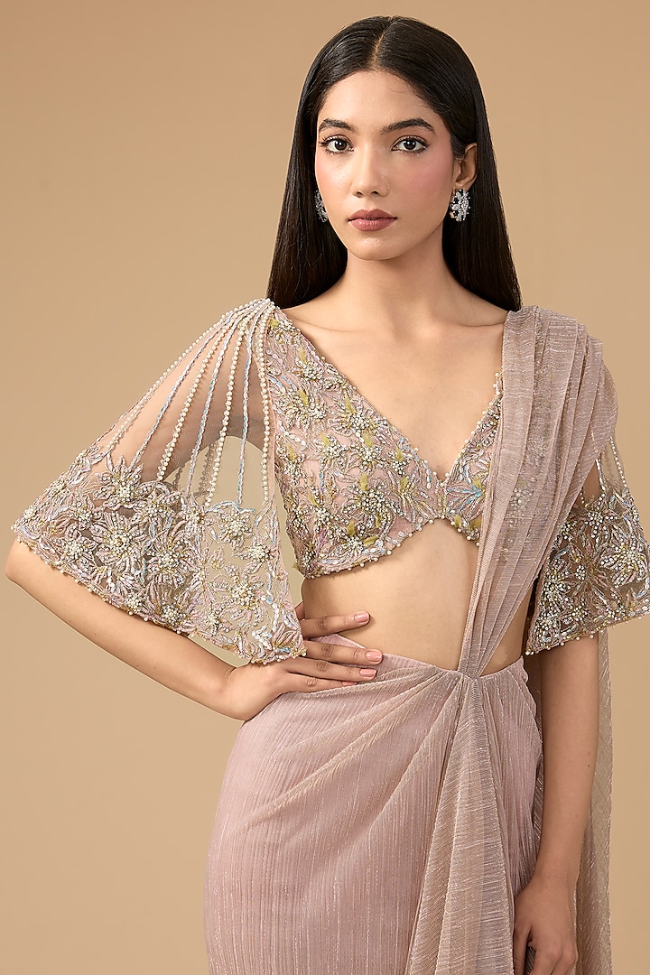 Nude Pink Shimmer Tulle & Net Hand Embroidered Drape Reception Saree Set by Mansi Malhotra at Pernia's Pop Up Shop