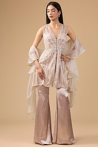 Nude Pink Lido Satin & Net Hand Embroidered Sharara Set by Mansi Malhotra