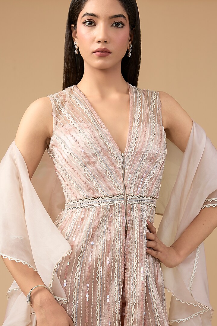 Nude Pink Lido Satin & Net Hand Embroidered Bridal Sharara Set by Mansi Malhotra at Pernia's Pop Up Shop