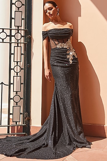 Black Textured Fabric Hand Embellished Off-Shoulder Wedding Gown by Mansi Malhotra at Pernia's Pop Up Shop