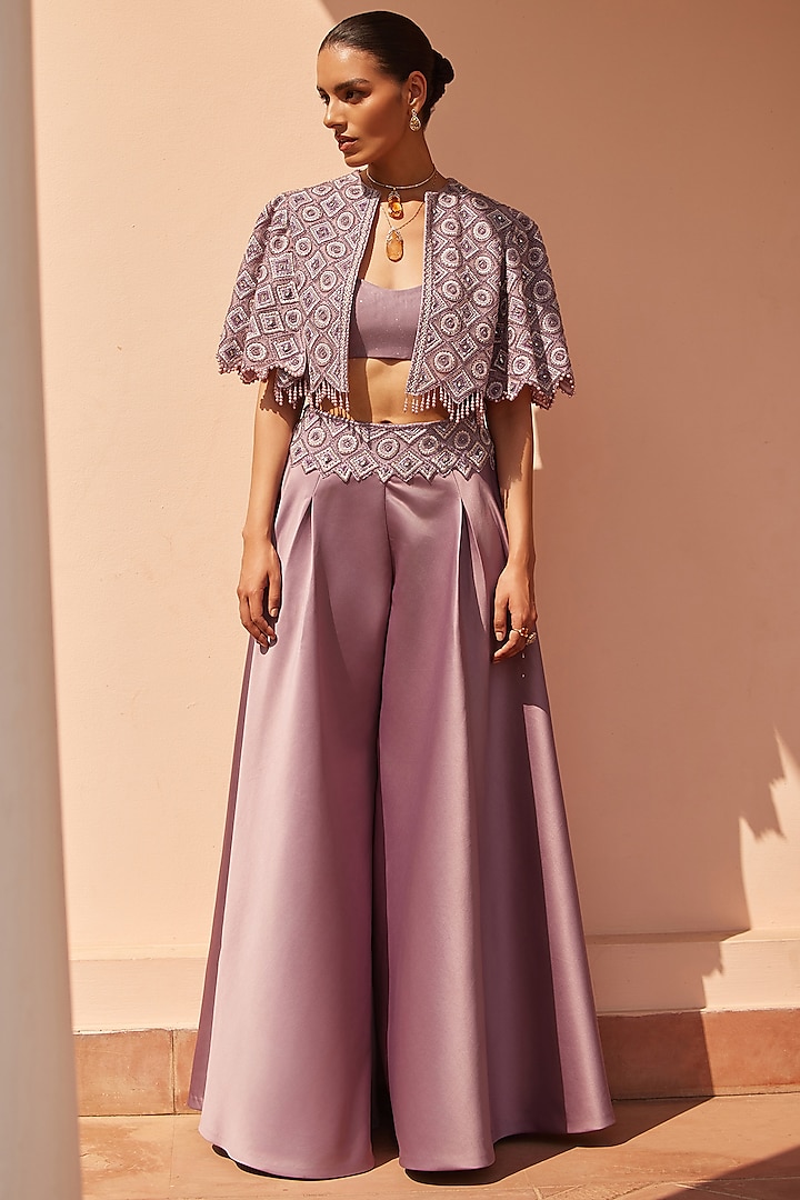 Purple Duchess Satin & Net Hand Embroidered Cape Set by Mansi Malhotra at Pernia's Pop Up Shop