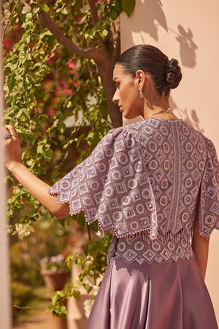 Purple Duchess Satin & Net Hand Embroidered Cape Set by Mansi Malhotra at Pernia's Pop Up Shop