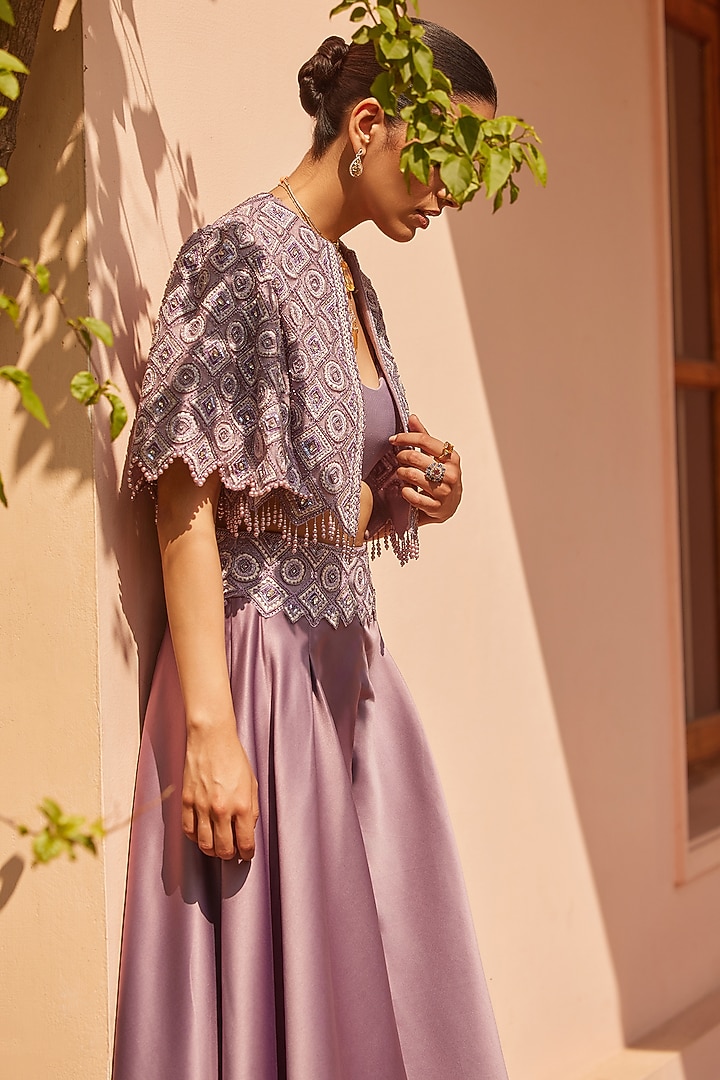 Purple Duchess Satin & Net Hand Embroidered Cape Set by Mansi Malhotra at Pernia's Pop Up Shop