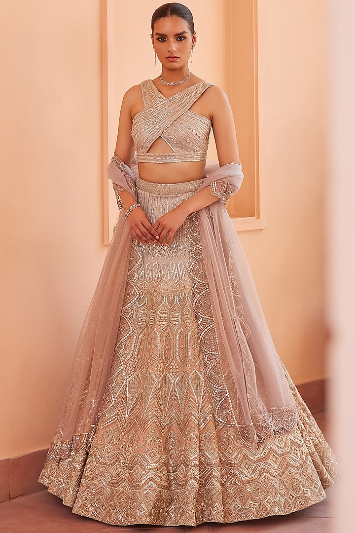 Silver & Bronze Net Hand Embroidered Ombre Bridal Lehenga Set by Mansi Malhotra at Pernia's Pop Up Shop