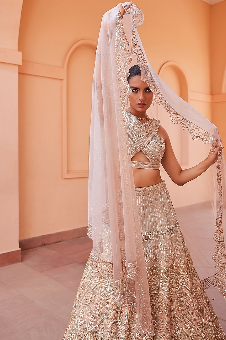 Silver & Bronze Net Hand Embroidered Ombre Bridal Lehenga Set by Mansi Malhotra at Pernia's Pop Up Shop