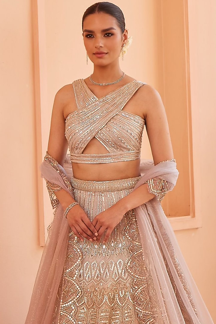 Silver & Bronze Net Hand Embroidered Ombre Bridal Lehenga Set by Mansi Malhotra at Pernia's Pop Up Shop