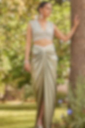 Sage Green Satin & Net Sequins Embroidered Draped Skirt Set by Mansi Malhotra at Pernia's Pop Up Shop