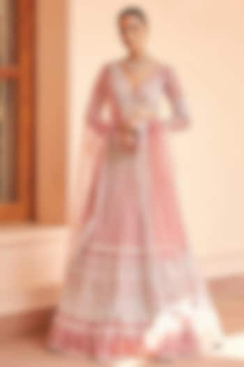 Mauve Wood Tulle Hand Embroidered Ombre Bridal Lehenga Set by Mansi Malhotra at Pernia's Pop Up Shop