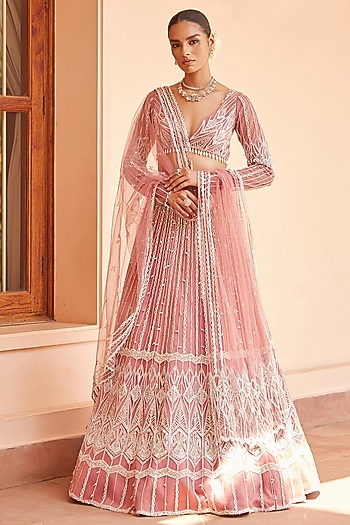 Mauve Wood Tulle Hand Embroidered Ombre Bridal Lehenga Set by Mansi Malhotra at Pernia's Pop Up Shop