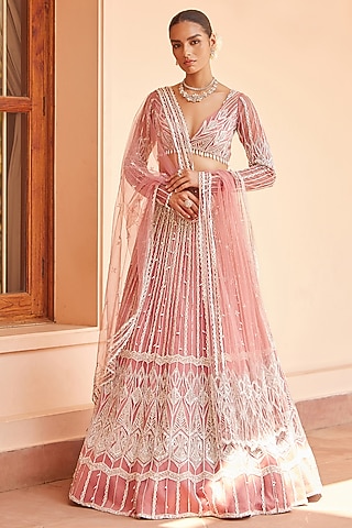 Mauve Wood Tulle Hand Embroidered Ombre Lehenga Set by Mansi Malhotra