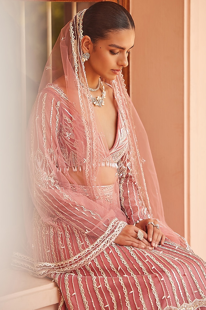 Mauve Wood Tulle Hand Embroidered Ombre Bridal Lehenga Set by Mansi Malhotra at Pernia's Pop Up Shop