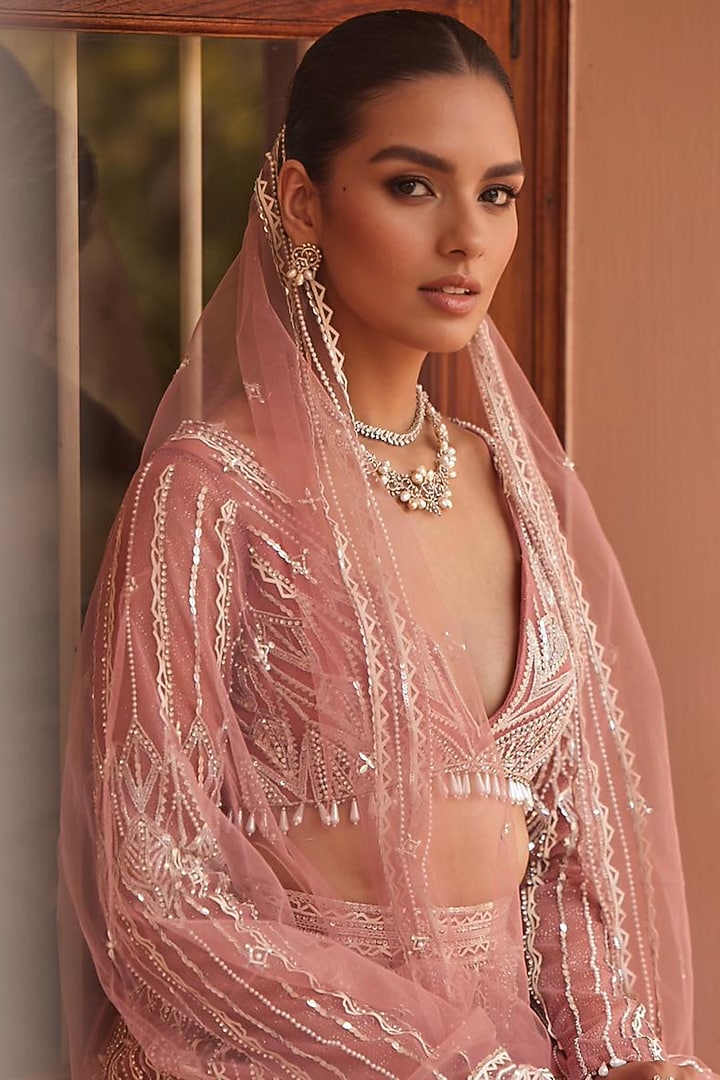 Mauve Wood Tulle Hand Embroidered Ombre Bridal Lehenga Set by Mansi Malhotra at Pernia's Pop Up Shop