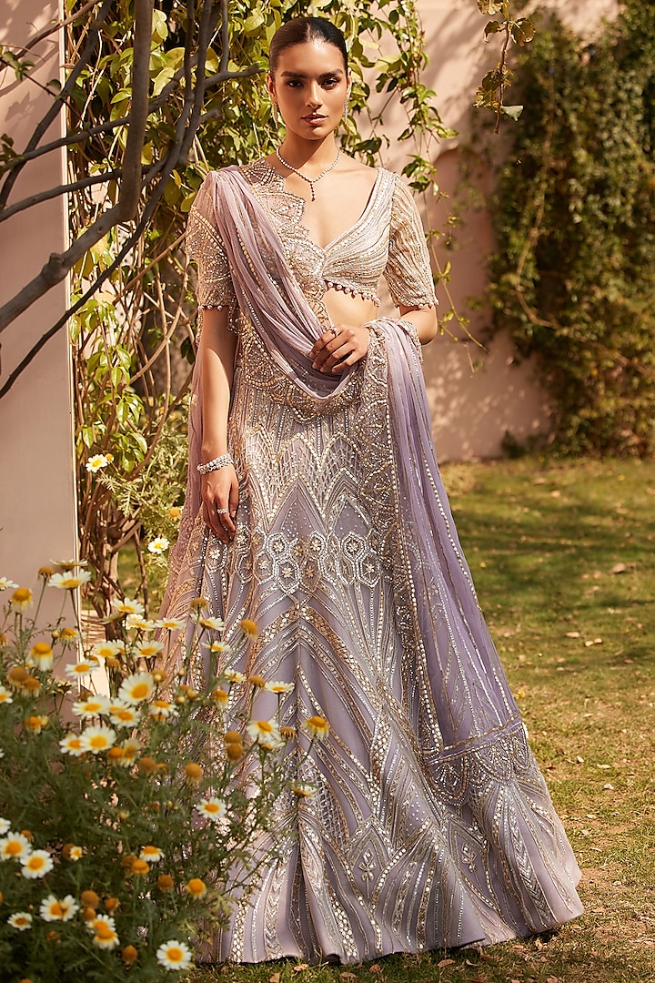 Lavender Shimmer Tulle Hand Embroidered Bridal Lehenga Set by Mansi Malhotra at Pernia's Pop Up Shop