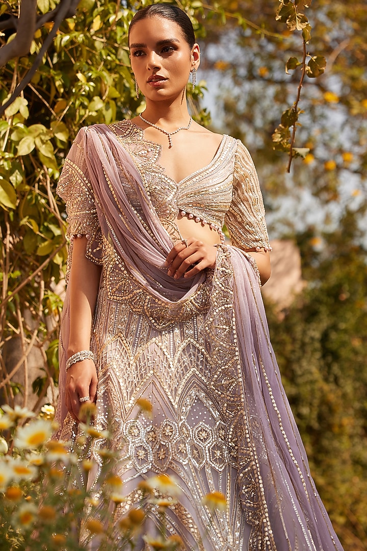 Lavender Shimmer Tulle Hand Embroidered Bridal Lehenga Set by Mansi Malhotra at Pernia's Pop Up Shop