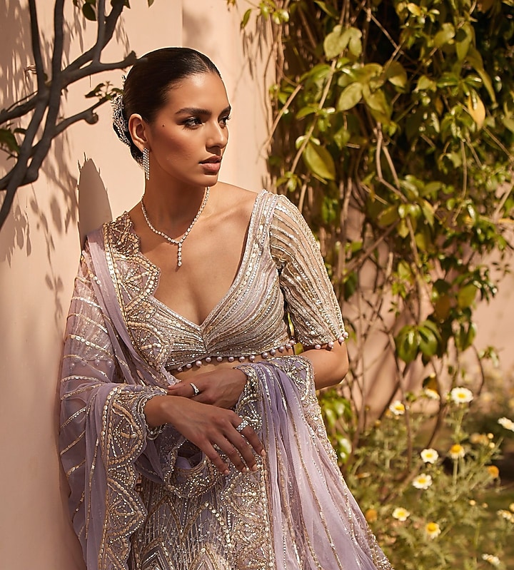 Lavender Shimmer Tulle Hand Embroidered Bridal Lehenga Set by Mansi Malhotra at Pernia's Pop Up Shop