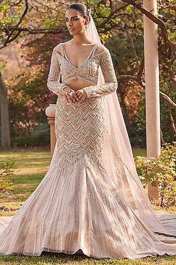 Crystal Pink & Champagne Tulle Hand Embroidered Ombre Mermaid Bridal Lehenga Set by Mansi Malhotra at Pernia's Pop Up Shop