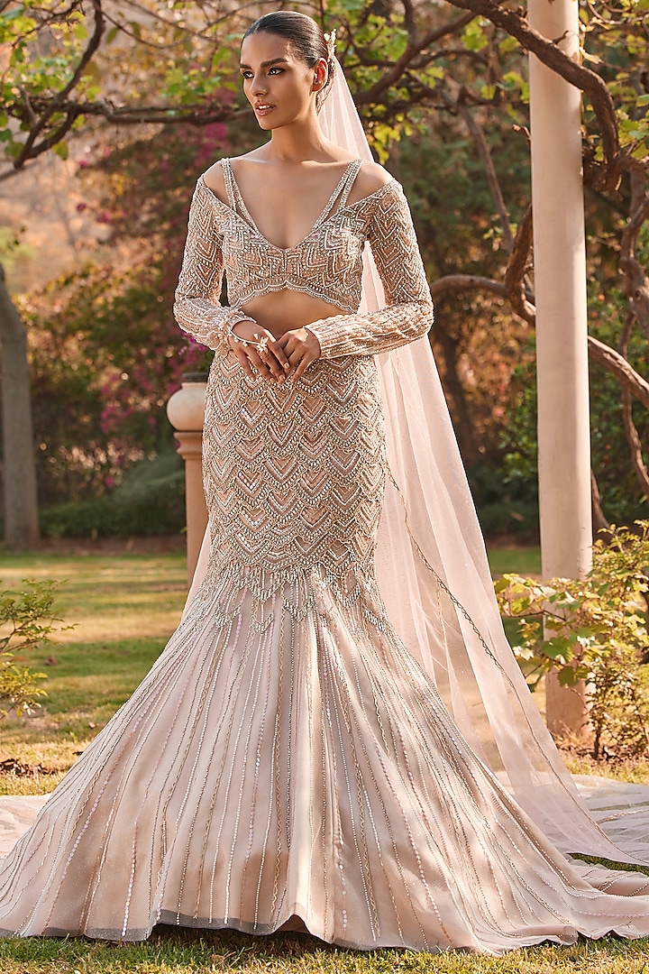 Crystal Pink & Champagne Tulle Hand Embroidered Ombre Mermaid Bridal Lehenga Set by Mansi Malhotra at Pernia's Pop Up Shop