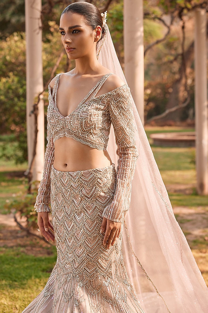 Crystal Pink & Champagne Tulle Hand Embroidered Ombre Mermaid Bridal Lehenga Set by Mansi Malhotra at Pernia's Pop Up Shop
