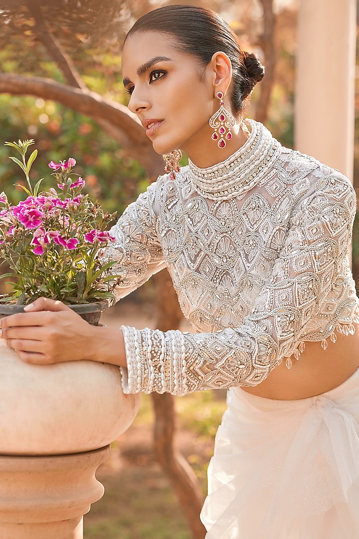 Metal White Duchess Satin & Net Hand Embroidered Trumpet Skirt Set by Mansi Malhotra at Pernia's Pop Up Shop