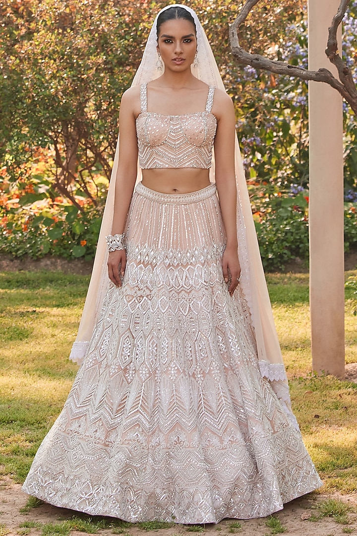 Peach Tulle Hand Embroidered Bridal Lehenga Set by Mansi Malhotra at Pernia's Pop Up Shop