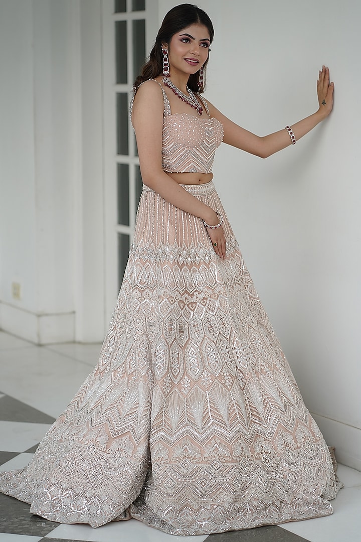 Peach Tulle Hand Embroidered Bridal Lehenga Set by Mansi Malhotra at Pernia's Pop Up Shop