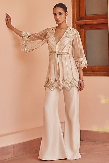 Ivory Net & Crepe Sequins Embroidered Bridal Sharara Set by Mansi Malhotra at Pernia's Pop Up Shop