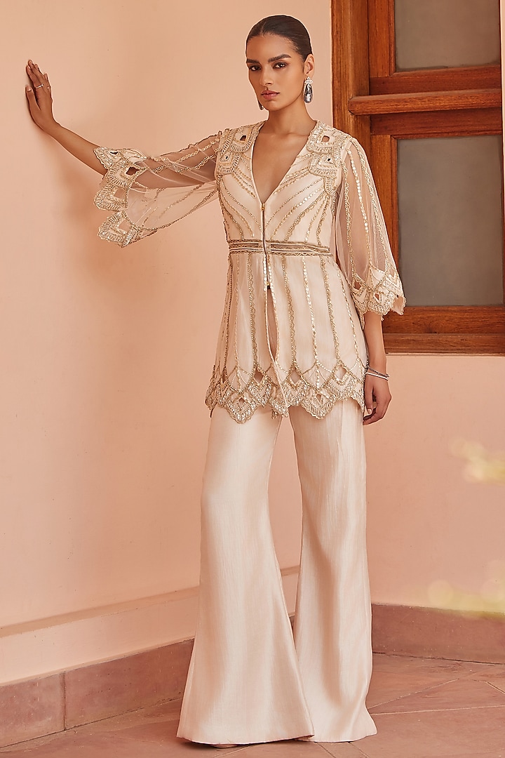 Ivory Net & Crepe Sequins Embroidered Sharara Set by Mansi Malhotra at Pernia's Pop Up Shop