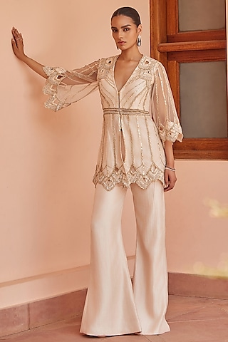Ivory Net & Crepe Sequins Embroidered Sharara Set by Mansi Malhotra